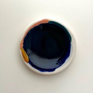 Handmade Pottery Ceramic Navy Blue Green Pink and Gold Ring Trinket Dish